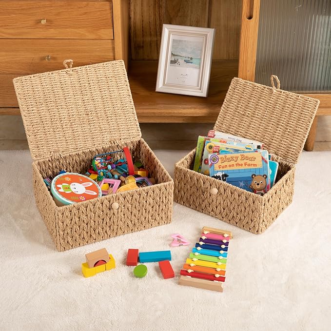 OIAHOMY Wicker Storage Basket with Lid & Lock, Lidded Storage Bins, Decorative Baskets for Organizing, Set of 2-Natural