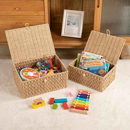 OIAHOMY Wicker Storage Basket with Lid & Lock, Lidded Storage Bins, Decorative Baskets for Organizing, Set of 2-Natural