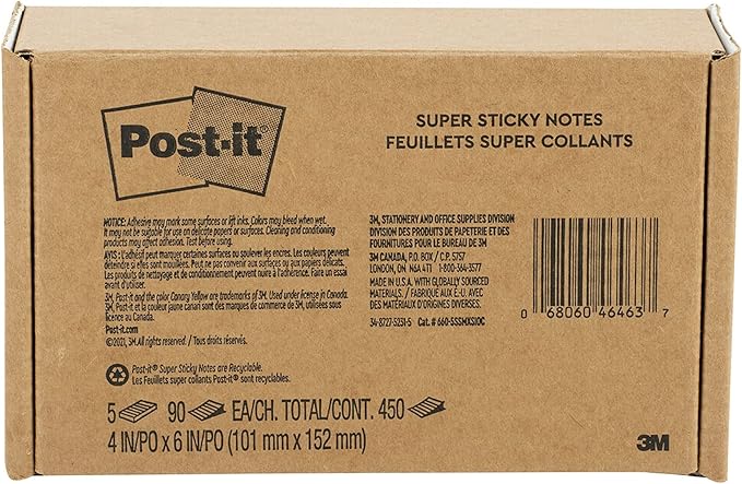 Post-it Super Sticky Lined Notes 4x6 | Bright Colors | Double Sticking Power | 90 Sheets per Pad | 5 Pads, Pack of 8