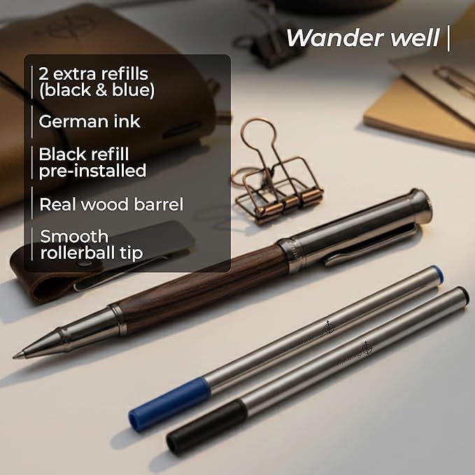 WANDERINGS Regular Size Travelers Notebook/Handcrafted Genuine Leather Journal - 4.5"x8.5" / 11.5cm x 22cm - Includes a Pen Holder with a Pen and 2 extra Ink Refills, a PVC Folder, and a Binder Clip
