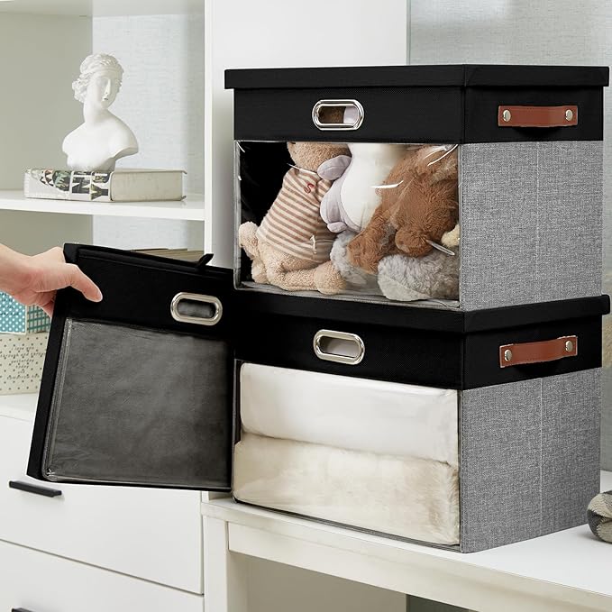 Fabric Clear Window Storage Bins with Lid, Closet Storage Box Linen Closet Baskets with 3 Handles for Organizing Clothing, Jeans, Shelves 17''- 3 Pack (Gray and Black)