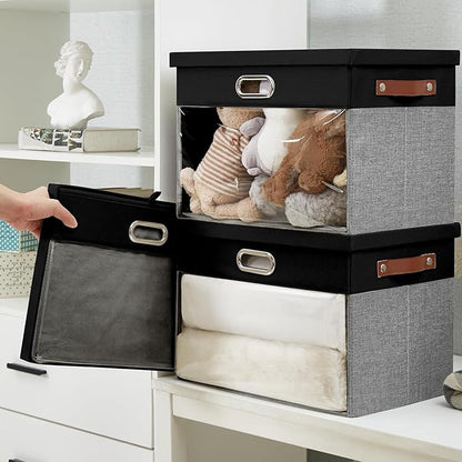 Fabric Clear Window Storage Bins with Lid, Closet Storage Box Linen Closet Baskets with 3 Handles for Organizing Clothing, Jeans, Shelves 17''- 3 Pack (Gray and Black)