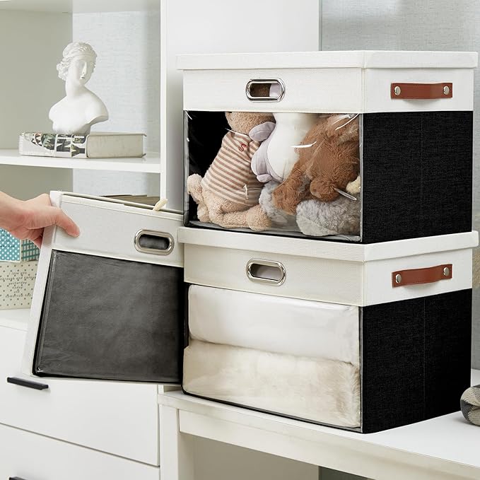 Fabric Clear Window Storage Bins with Lid, Closet Storage Box Linen Closet Baskets with 3 Handles for Organizing Clothing, Jeans, Shelves 17''- 3 Pack (Black and White)