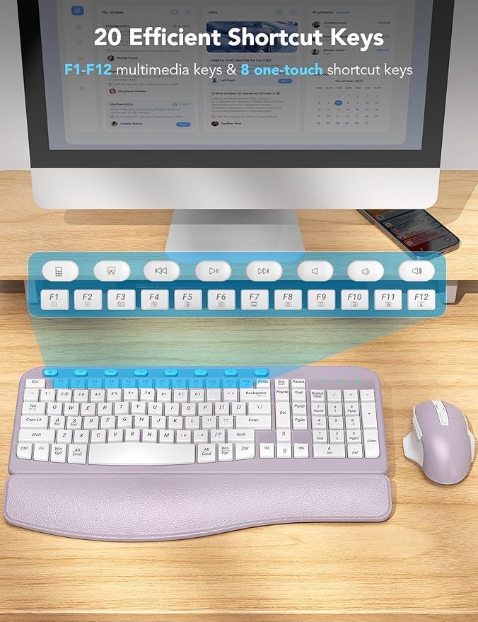 SABLUTE Wireless Keyboard and Mouse Combo, Ergonomic Wave Key, Cushioned Plam Rest, Comfortable Silent Natural Typing, 2.4G Lag-Free, Full Size Keyboards Cordless Set for Multi-OS, Windows/Mac, Purple