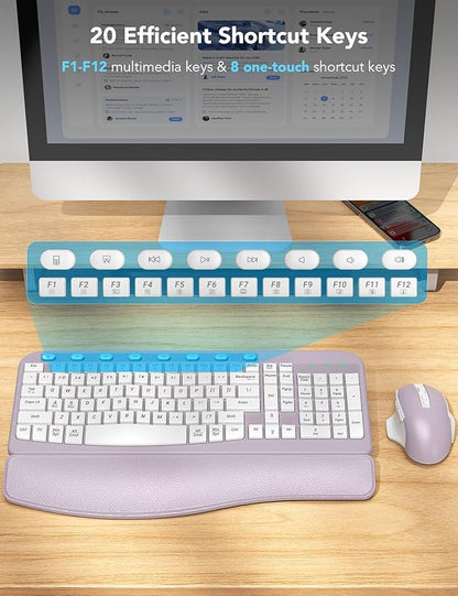 SABLUTE Wireless Keyboard and Mouse Combo, Ergonomic Wave Key, Cushioned Plam Rest, Comfortable Silent Natural Typing, 2.4G Lag-Free, Full Size Keyboards Cordless Set for Multi-OS, Windows/Mac, Purple