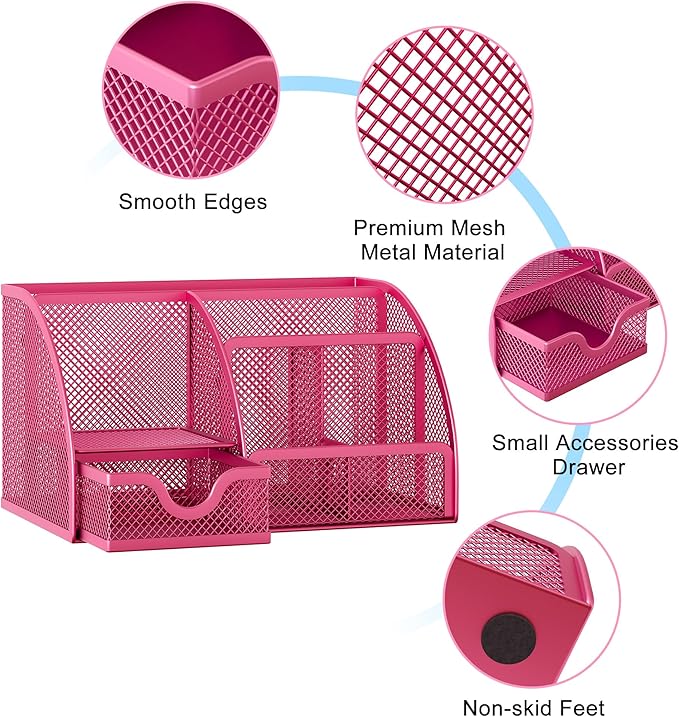 EasyPAG Mesh Desk Organizer with Drawer Multi-functional Pen Holder Stationery Organizer for Office School Supplies 6 Compartments Dorm Organizers and Storage for Desk, Hot Pink