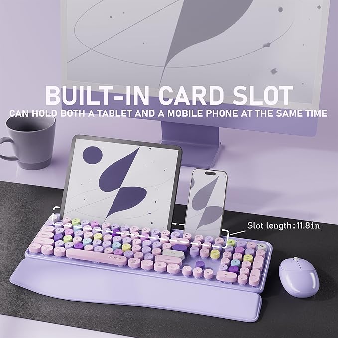UBOTIE Wireless Keyboard and Mouse Combo with Phone Holder Wrist Rest, Round Colorful Keys, Power Switches, 2.4GHz USB Receiver, Full-Size QWERTY Layout for PC Laptop(Purple Colorful)