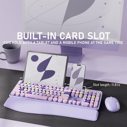 UBOTIE Wireless Keyboard and Mouse Combo with Phone Holder Wrist Rest, Round Colorful Keys, Power Switches, 2.4GHz USB Receiver, Full-Size QWERTY Layout for PC Laptop(Purple Colorful)
