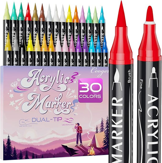 30 Colors Dual Tip Acrylic Paint Markers,Fine Tip and Brush Tip Permanent Acrylic Paint Pens For Rock Painting, Canvas, Wood, Glass, Ceramic, Fabric, Plastic, Egg, Scrapbook,Art Painting Supplies Kit