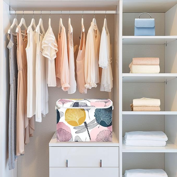 Dragonfly Storage Bins Box with Lids Collapsible Fabric Storage Basket Lidded Cube Storage Containers for Organizing Shelves Closet Office