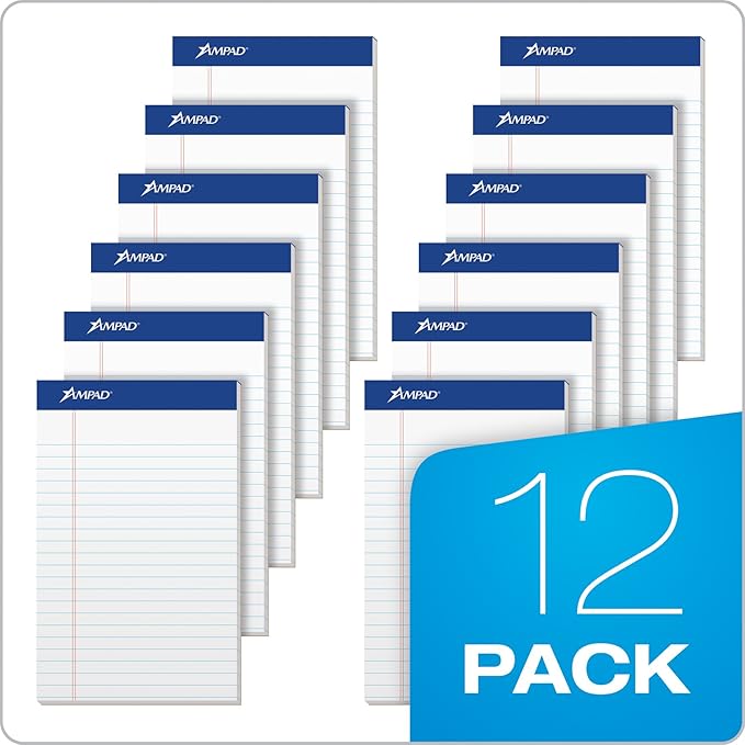 Ampad 5 x 8 Legal Pads, 12 Pack, Narrow Ruled, White Paper, 50 Sheets Per Writing Pad, American Pad & Paper, Made in USA (20-364)