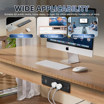 7 in 1 Recessed Power Strip Flat Plug Desk Outlet,3AC Outlets & 4 USB Ports,10FT Bold Extension Cord, Conference Recessed Fuse Surge Protected Power Strip for Home Office (Black-1)