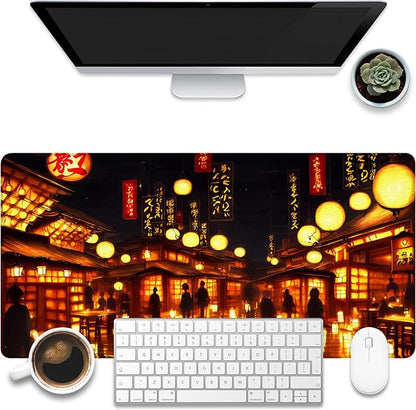 Desk Mat, City Lantern Night Scene Desk Pad, Japanese Traditional House Large Gaming Mouse Pad, 31.5"x15.7" Extended Big Keyboard Mouse Pad with Non-Slip Base and Stitched Edge
