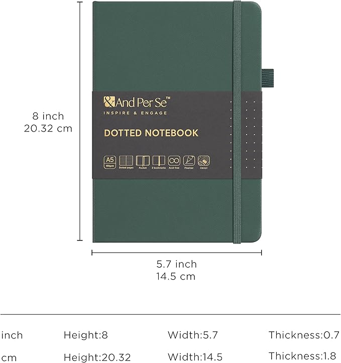 &And Per Se Dotted Journal Notebook Set (3 Packs), A5 Hardcover Dotted Notebook, 176 Numbered Pages Bullet Journaling Kit, 2 Stencil Sheets and 1 Fineliner Pen Included - 5.7'' x 8'' (Green)