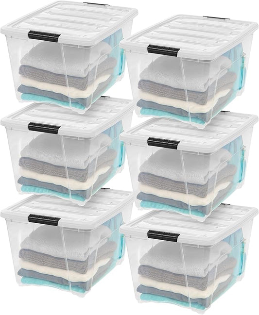 IRIS USA 6-Pack 54 Quart Stackable Storage Bins with Lids [Made in USA] - Everyday Organizer Latching Clear Plastic Organization Containers Closet Bedroom Shelving Units Home Storage - Clear/White