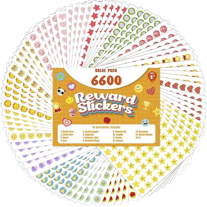 Student Reward Stickers，Teacher Essentials, Teacher Supplies，6600PCS Incentive Stickers，75 Sheets of 15 Different Incentive Stickers，Star Stickers, Star Shaped Stickers (Coloration-1)
