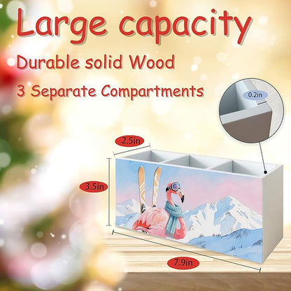 Winter Skiing Flamingo Pen Pencil Holder Organizer for Desk, Pink Flamingo Gifts, Pink Tropical Bird Snowy Mountain Wood Cooking Kitchen Utensils Utensil Organizer Holder Decor