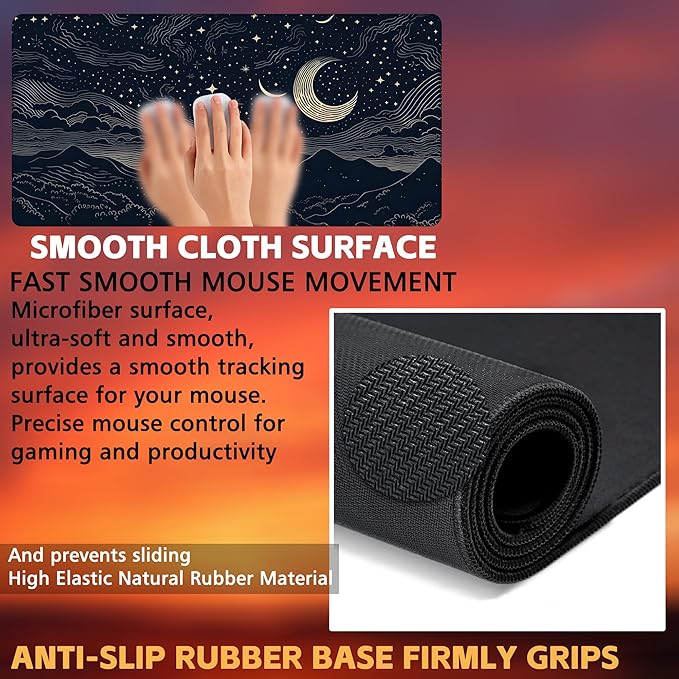 Desk Pad, Beautiful Night Sky Desk Mat, Line Stars and Moon Large Gaming Mouse Pad for Desk, 31.5"x15.7" Extended Big Computer Keyboard Mouse Pad with Non-Slip Base and Stitched Edge