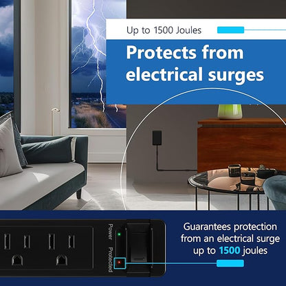 LIDER Surge Protected Outlet Extender, 4-Outlet Power Strip, 21W USB Type-A, and 2 USB Type-C Port, Ultra-Thin Wall Plate Plug with Cord Extender, Flat-Face, 5ft Cord, 1500 Joules, ETL-Listed, Black