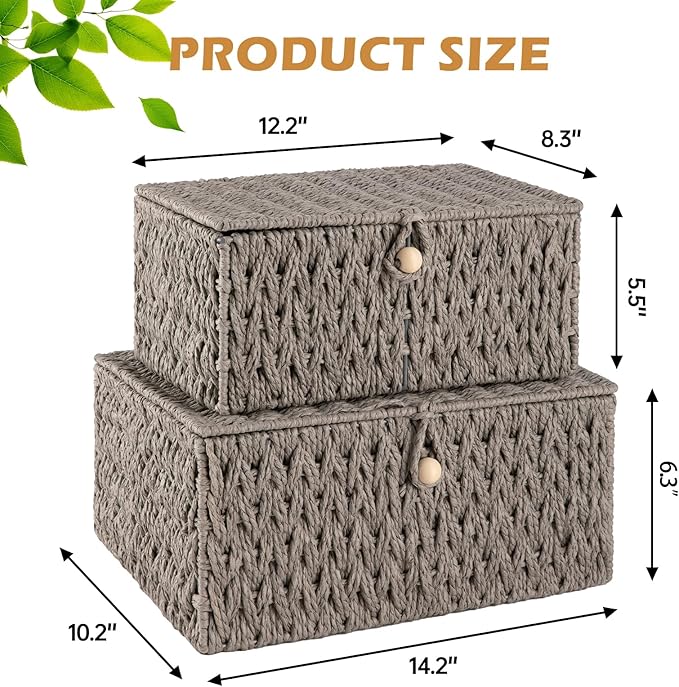 OIAHOMY Wicker Storage Basket with Lid & Lock, Lidded Storage Bins, Decorative Baskets for Organizing, Set of 2-Grey