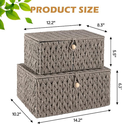 OIAHOMY Wicker Storage Basket with Lid & Lock, Lidded Storage Bins, Decorative Baskets for Organizing, Set of 2-Grey