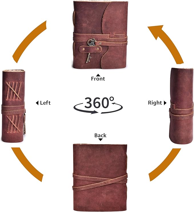 LEATHER VILLAGE Vintage Leather Journal – 200 Handmade Vintage Deckle Edge Paper – Leather bound Journal For Women Men – Vintage Key Closure - Book of Shadows - Red Brown - 8X6 inches (A5)