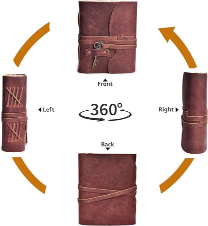 LEATHER VILLAGE Vintage Leather Journal – 200 Handmade Vintage Deckle Edge Paper – Leather bound Journal For Women Men – Vintage Key Closure - Book of Shadows - Red Brown - 8X6 inches (A5)