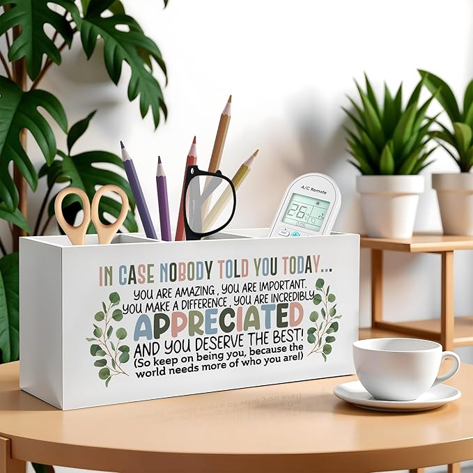 Boho Inspirational Pencil Pen Holder for Desk, Appreciation Gifts for Coworkers, Boss Gifts for Women Men Wooden Pencil Holder Organizer for Home Office Desk Accessories
