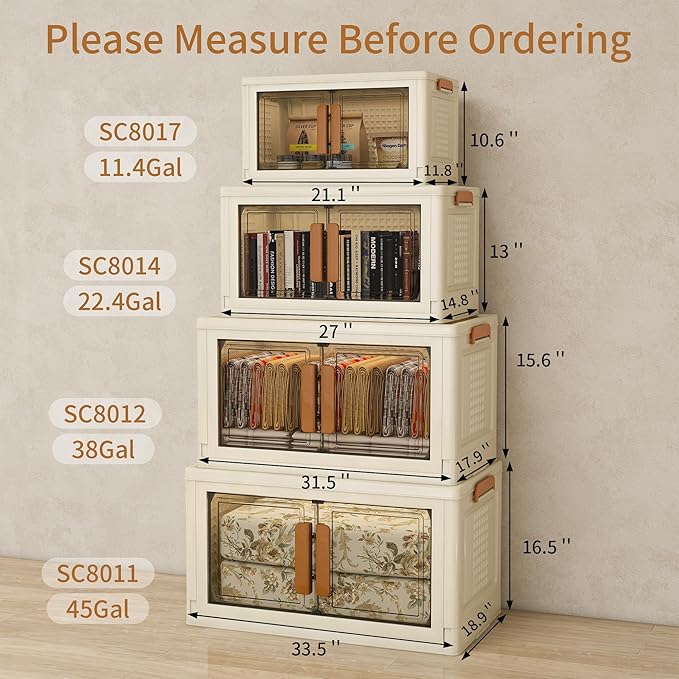 Plastic Stackable Storage Bins with Lids and Wheels, Foldable Closet Organizers and Storage Containers, Collapsible Clear Drawer Storage Cabinet with Doors Ivory White 182.4 QT