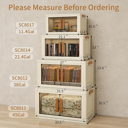 Plastic Stackable Storage Bins with Lids and Wheels, Foldable Closet Organizers and Storage Containers, Collapsible Clear Drawer Storage Cabinet with Doors Ivory White 358.4 QT