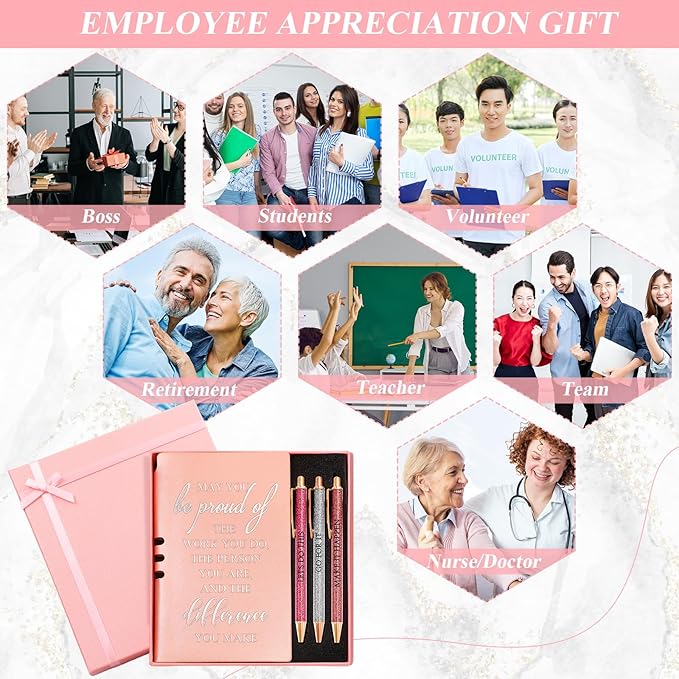 5 Pcs Employee Appreciation Gift Christmas Leather Journal Notebook 3 Ballpoint Pens with Box Thank You for Women Nurse Medical Assistant Coworker Teacher Social Worker Volunteer(Rose Gold)
