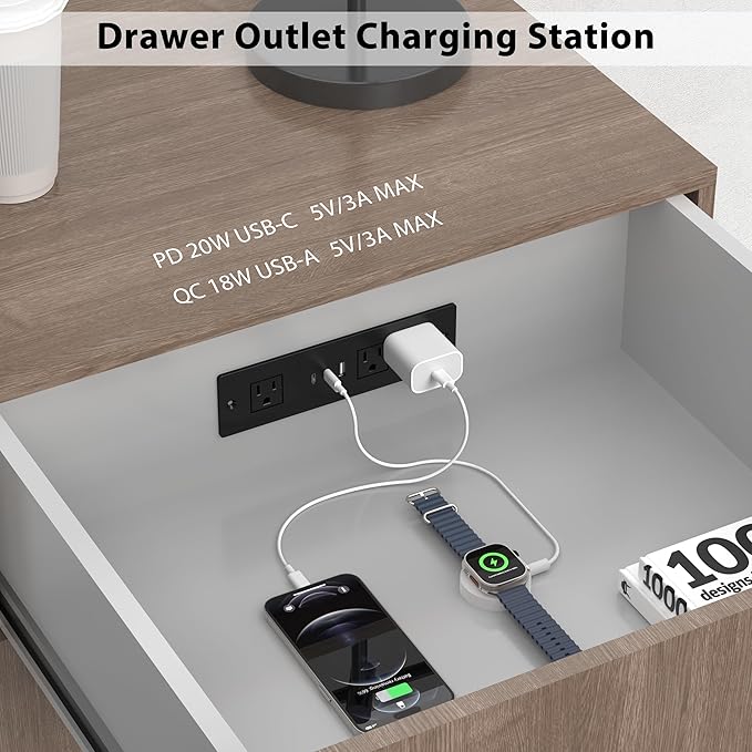 Furniture Drawer Outlet, Recessed Power Strip with (3) PD 20W USB Ports Fast Charging & (3) 15 Amp AC Outlets, (14 AWG) 10 FT Spring Black Cord