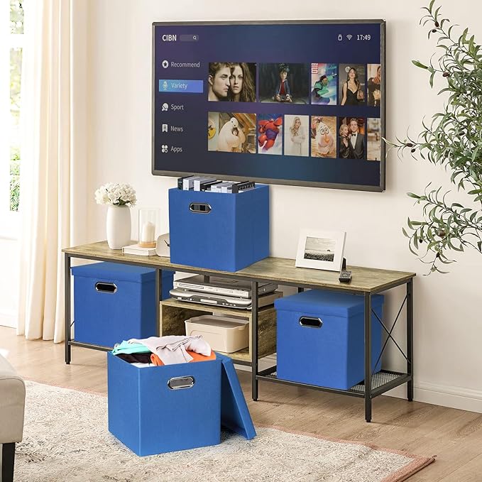 Storage Bins with Lids, Collapsible Linen Fabric Boxes Organizer Containers with Lid Foldable Storage Box Basket for Closet, Shelves, Home, Office, 11 x 11 x 11.4 Inch, 4 Pack, Dark Blue