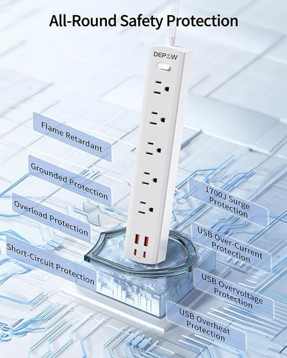 Power Strip Surge Protector with 5 AC Outlets(1875W/15A) 4 USB Ports (2 USB C), 5 Ft Ultra Thin Extension Cord, Low Profile Flat Plug, 1700 Joules, Wall Mount for Home Office, White