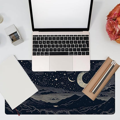 Desk Pad, Beautiful Night Sky Desk Mat, Line Stars and Moon Large Gaming Mouse Pad for Desk, 31.5"x15.7" Extended Big Computer Keyboard Mouse Pad with Non-Slip Base and Stitched Edge