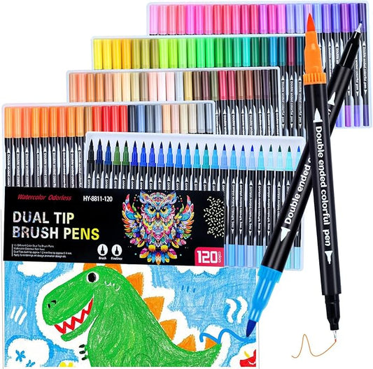 120 Colors Dual Markers Brush Pens ,Dual Tip Brush&Fine Tip Markers for Adult Kids Coloring,Water-based Ink Art Marker,Calligraphy Pens Fineliner and Brush Tips for Hand Lettering, Journal, Doodling
