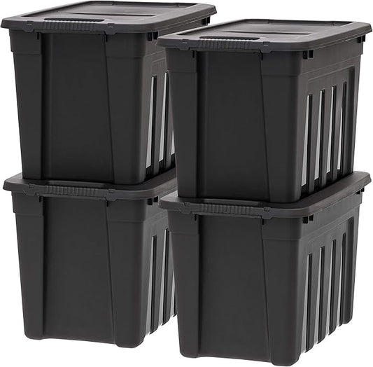 IRIS USA 20 Gallon Heavy Duty Storage Totes with Easy-Grip Handles, 4 Pack - Large Bins with Lids Garage Organizing Tubs, Durable Stackable Utility Containers, Made in USA - Black