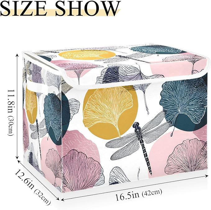 Dragonfly Storage Bins Box with Lids Collapsible Fabric Storage Basket Lidded Cube Storage Containers for Organizing Shelves Closet Office