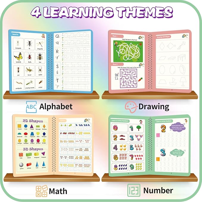 Upgraded Large Size Magic Practice Copybook for Kids, Reusable Writing Practice Book, Preschool Copybook (4 Books with Pens) - Pink Bag