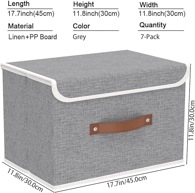 Yawinhe Storage Bins with Lids, Closet Baskets, Washable and Leather Handle, Collapsible Boxes for Home, Grey, 17.7''Lx11.8''Wx11.8''H, 7-Pack, USNK024GX-7