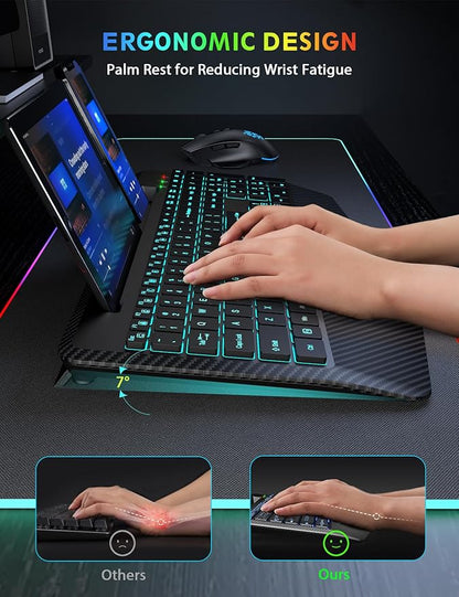Wireless Keyboard and Mouse Backlits, Wrist Rest, LED Mouse, Rechargeable Ergonomic Keyboard with Phone Holder, Silent Light Up Combo for Computer, Mac, PC, Laptop, Chromebook (Black)