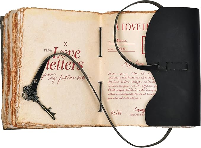 LEATHER VILLAGE Vintage Leather Journal – 200 Handmade Vintage Deckle Edge Paper – Leather bound Journal For Women Men – Vintage Key Closure - Book of Shadows - Black - 10X7 inches