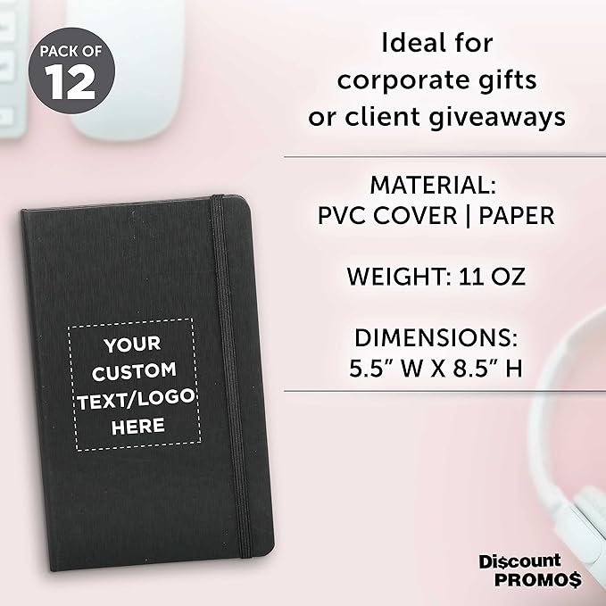 DISCOUNT PROMOS Custom Hardcover Notebook Journals with Elastic Colored Band Set of 12, Personalized Bulk Pack - Perfect for School, Office, Home - Black