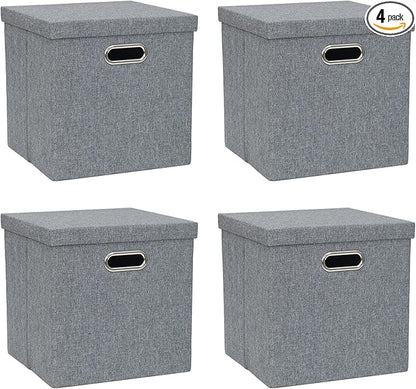 Storage Bins with Lids, Collapsible Linen Fabric Boxes Organizer Containers with Lid Foldable Storage Box Basket for Closet, Shelves, Home, Office, 12 x 12 x 12.4 Inch, 4 Pack, Dark Gray