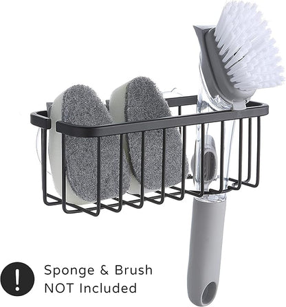 SunnyPoint NeverRust Deluxe Kitchen & Bathroom Sink Sponge Holder Organizer with Adhesive Mount - Additional Suction Cup Included – Sponge & Brush NOT Included – 7.4 x 3.3 x 2.75 Inch, BLK
