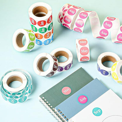 Zonon 12 Rolls 6000 Labels Round Month Stickers, 1 Inch 12 Months of The Year Labels Monthly Adhesive Sticker Color Coding Month Tag Decorative Sticker, 500 Pieces Per Roll(White)