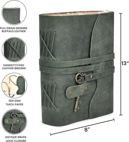 LEATHER VILLAGE Vintage Leather Journal – 200 Handmade Vintage Deckle Edge Paper – Leather bound Journal For Women Men – Vintage Key Closure - Book of Shadows - Aqua - 13X8 inches