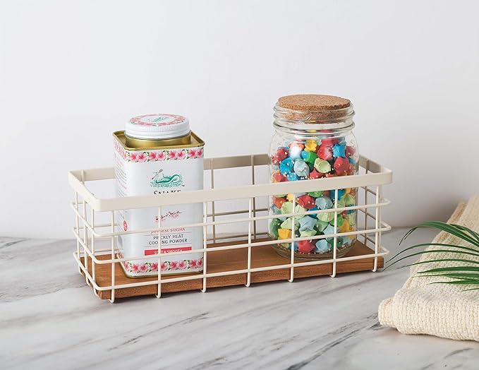 TIEYIPIN Small Metal Wire Storage Basket, Detachable Wood Base Storage Organizer Bin Basket for Kitchen Cabinets, Bathroom, Pantry, Garage, Laundry Room - Cream White