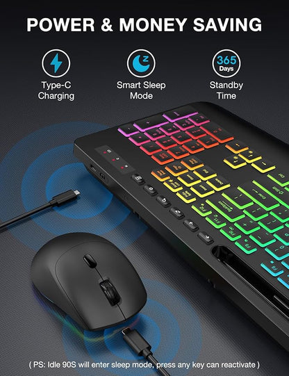 Wireless Keyboard and Mouse Combo - 9 Backlit Effects, RGB, Ergonomic Wrist Rest, Phone Holder, 2.4G Full Size, Rechargeable, Sleep Mode, Quiet Keyboard Set for Computer, PC, Laptop, Mac, Windows