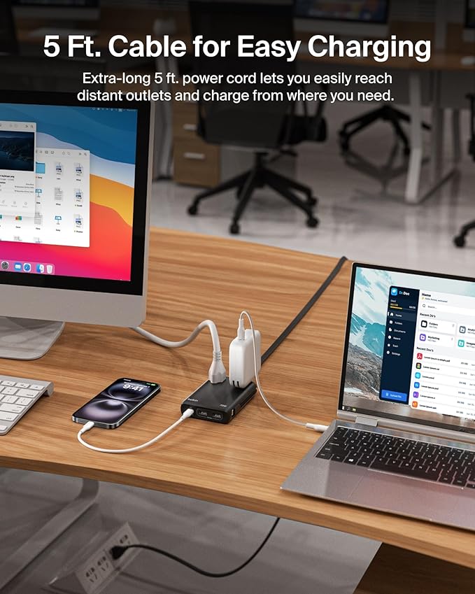 Belkin GaN Charging Station 70W, 6-in-1 USB C Charger w/ 2X AC Outlets, 2X USB A Ports, Integrated USB C Cable - Power Strip for iPhone, Apple Watch, iPad, MacBook, Chromebook, Galaxy, Pixel, & More